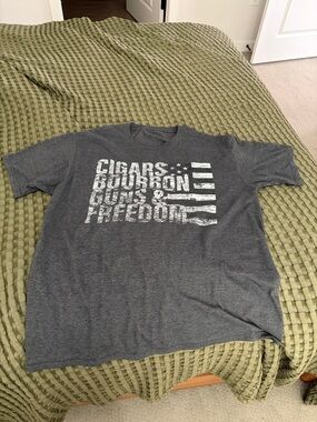 Men's Gray Graphic Tee - Patriotic Cigars Bourbon Guns & Freedom